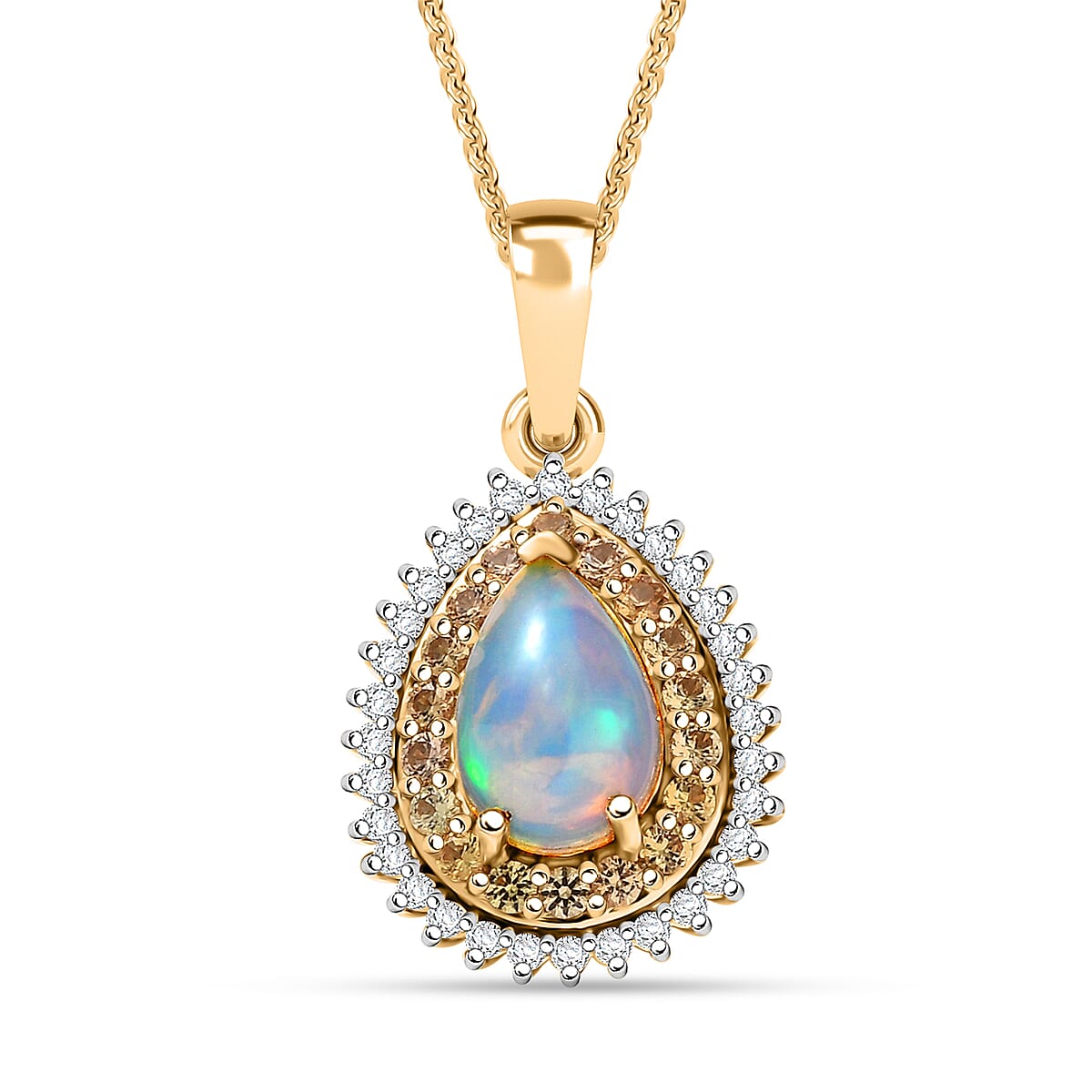 D'Joy Premium Ethiopian Welo Opal and Multi Gemstone 1.30 ctw Tear of Fire Pendant Necklace in 18K Vermeil Yellow Gold Over Sterling Silver 20 Inches image number 0