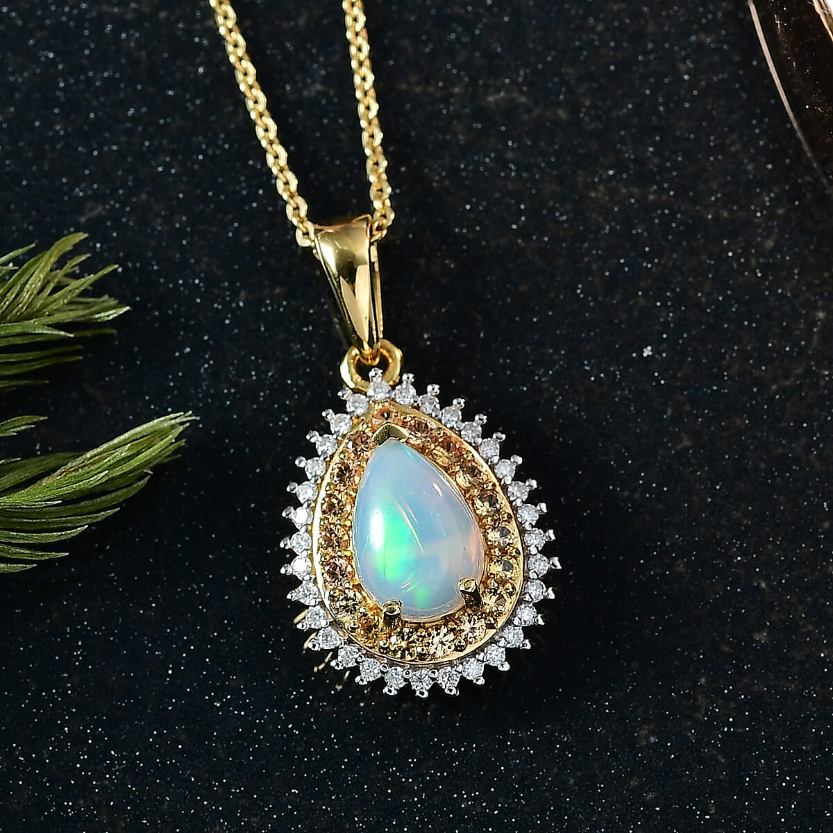 D'Joy Premium Ethiopian Welo Opal and Multi Gemstone 1.30 ctw Tear of Fire Pendant Necklace in 18K Vermeil Yellow Gold Over Sterling Silver 20 Inches image number 1