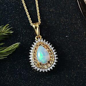 D'Joy Premium Ethiopian Welo Opal and Multi Gemstone 1.30 ctw Tear of Fire Pendant Necklace in 18K Vermeil Yellow Gold Over Sterling Silver 20 Inches
