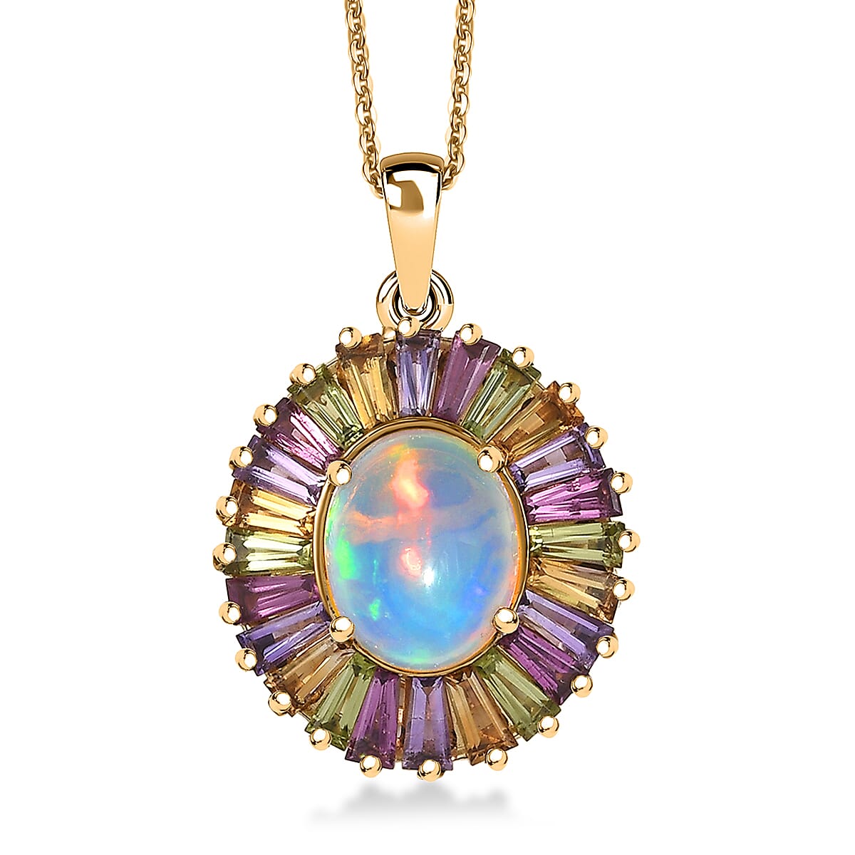 D'Joy Premium Ethiopian Welo Opal and Multi Gemstone 3.65 ctw Crown of Flames Pendant Necklace in 18K Vermeil Yellow Gold Over Sterling Silver 20 Inches image number 0