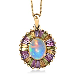 D'Joy Premium Ethiopian Welo Opal and Multi Gemstone 3.65 ctw Crown of Flames Pendant Necklace in 18K Vermeil Yellow Gold Over Sterling Silver 20 Inches