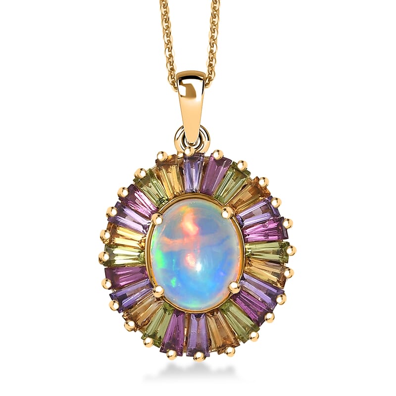 D'Joy Premium Ethiopian Welo Opal and Multi Gemstone 3.65 ctw Crown of Flames Pendant Necklace in 18K Vermeil Yellow Gold Over Sterling Silver 20 Inches