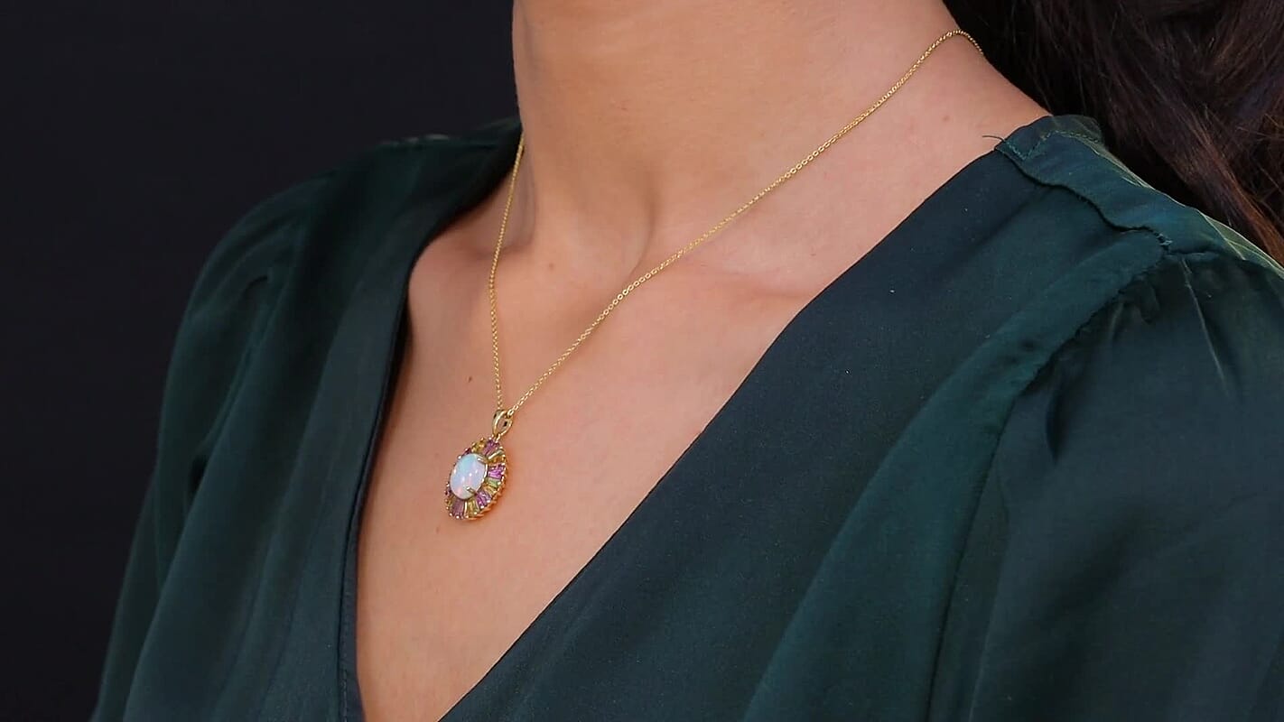 D'Joy Premium Ethiopian Welo Opal and Multi Gemstone 3.65 ctw Crown of Flames Pendant Necklace in 18K Vermeil Yellow Gold Over Sterling Silver 20 Inches