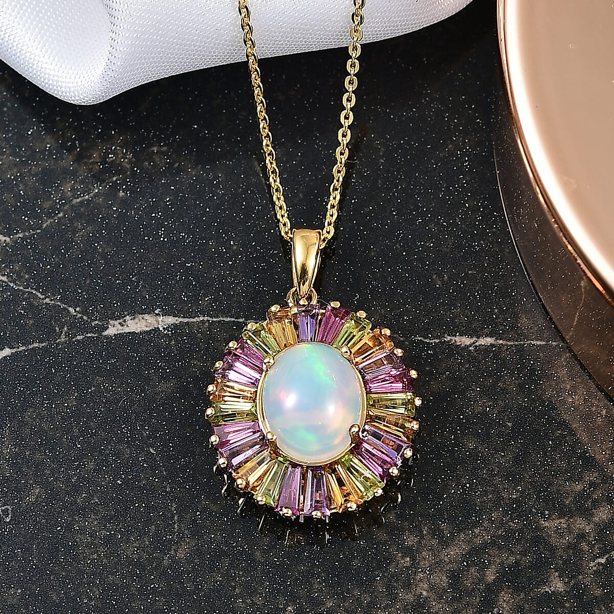 D'Joy Premium Ethiopian Welo Opal and Multi Gemstone 3.65 ctw Crown of Flames Pendant Necklace in 18K Vermeil Yellow Gold Over Sterling Silver 20 Inches image number 1