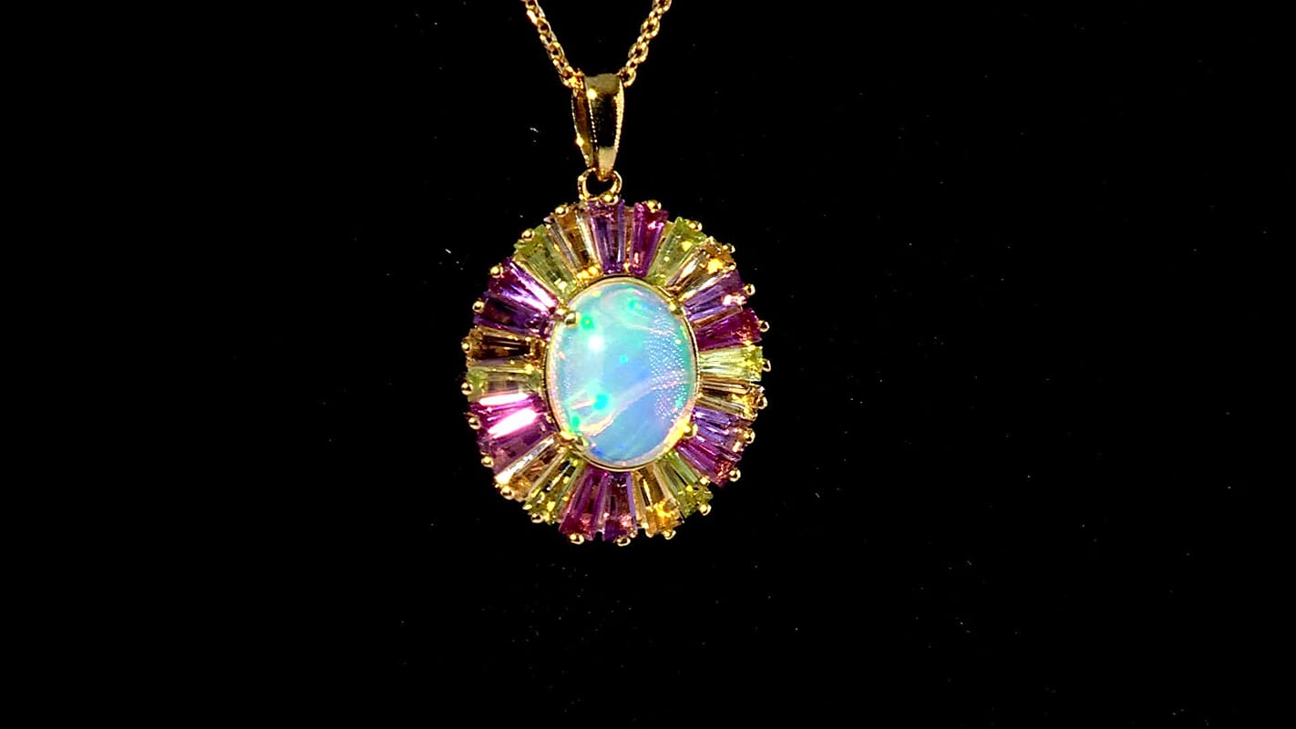 D'Joy Premium Ethiopian Welo Opal and Multi Gemstone 3.65 ctw Crown of Flames Pendant Necklace in 18K Vermeil Yellow Gold Over Sterling Silver 20 Inches