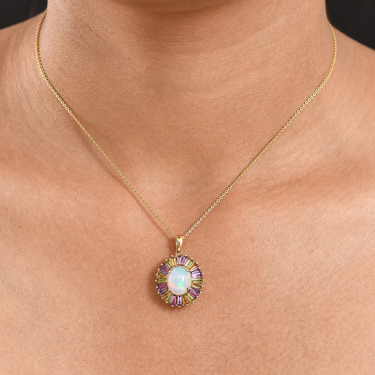 D'Joy Premium Ethiopian Welo Opal and Multi Gemstone 3.65 ctw Crown of Flames Pendant Necklace in 18K Vermeil Yellow Gold Over Sterling Silver 20 Inches image number 2