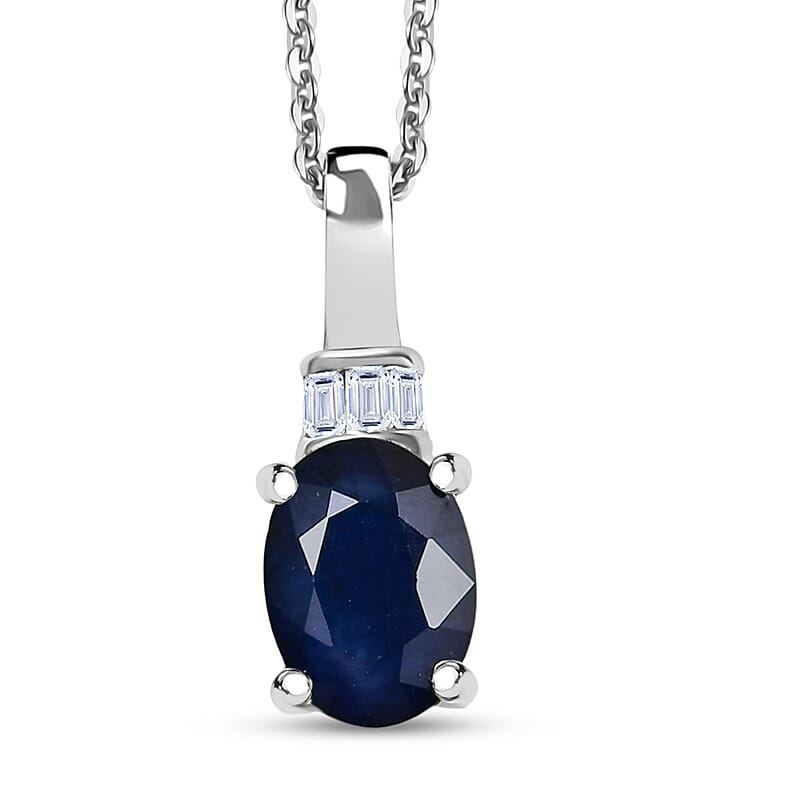 Kanchanaburi Blue Sapphire (DF) and Luxuriant Lab Grown Diamond G-H SI 1.10 ctw Pendant Necklace 20 Inches in Rhodium Over Sterling Silver