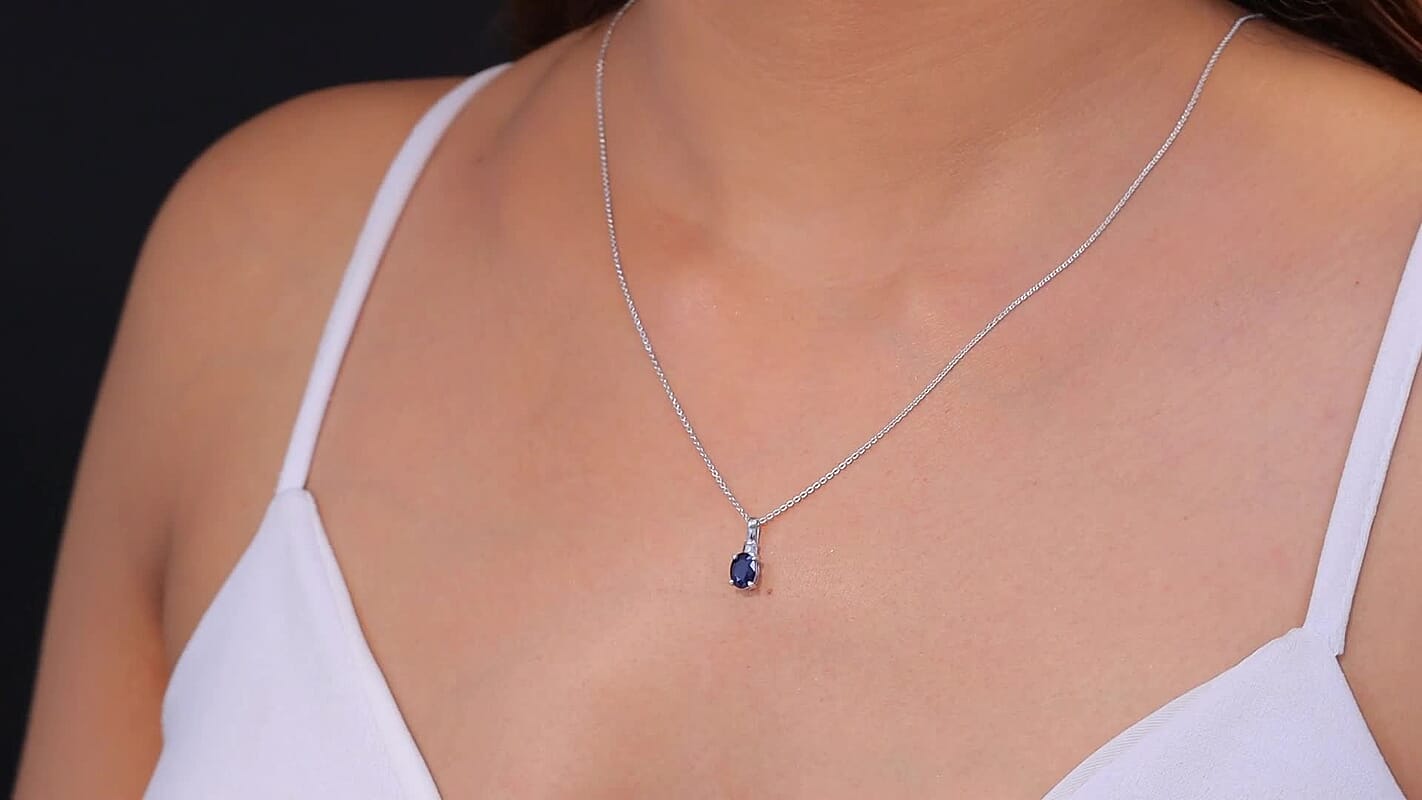 Kanchanaburi Blue Sapphire (DF) and Luxuriant Lab Grown Diamond G-H SI 1.10 ctw Pendant Necklace 20 Inches in Rhodium Over Sterling Silver