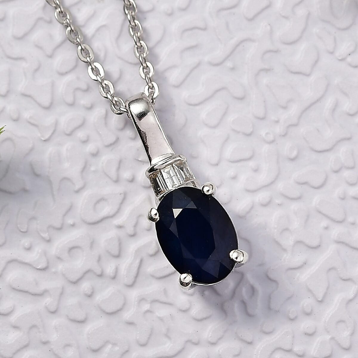 Kanchanaburi Blue Sapphire (DF) and Luxuriant Lab Grown Diamond G-H SI 1.10 ctw Pendant Necklace 20 Inches in Rhodium Over Sterling Silver image number 1