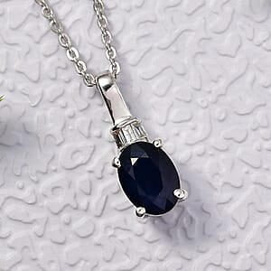 Kanchanaburi Blue Sapphire (DF) and Luxuriant Lab Grown Diamond G-H SI 1.10 ctw Pendant Necklace 20 Inches in Rhodium Over Sterling Silver