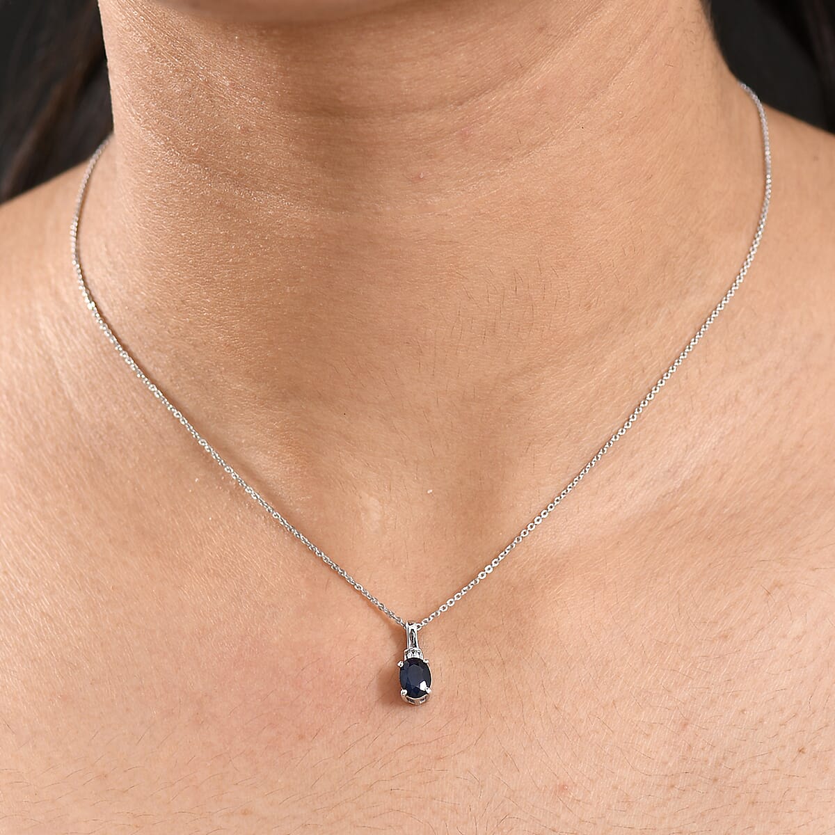 Kanchanaburi Blue Sapphire (DF) and Luxuriant Lab Grown Diamond G-H SI 1.10 ctw Pendant Necklace 20 Inches in Rhodium Over Sterling Silver image number 2
