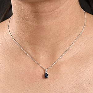 Kanchanaburi Blue Sapphire (DF) and Luxuriant Lab Grown Diamond G-H SI 1.10 ctw Pendant Necklace 20 Inches in Rhodium Over Sterling Silver