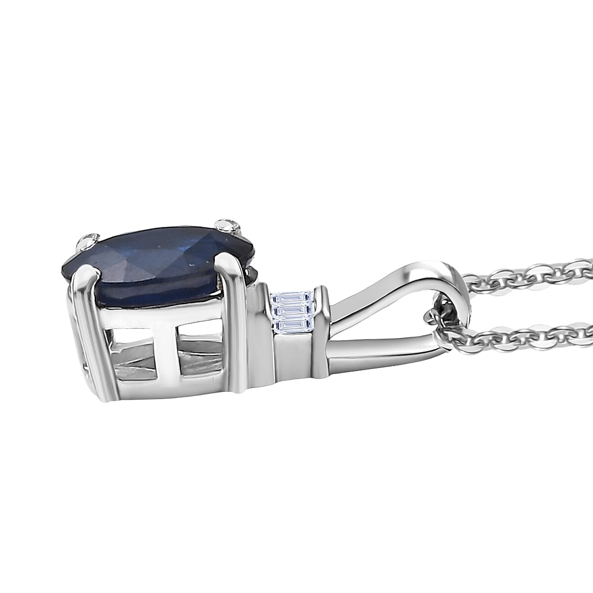 Kanchanaburi Blue Sapphire (DF) and Luxuriant Lab Grown Diamond G-H SI 1.10 ctw Pendant Necklace 20 Inches in Rhodium Over Sterling Silver image number 3