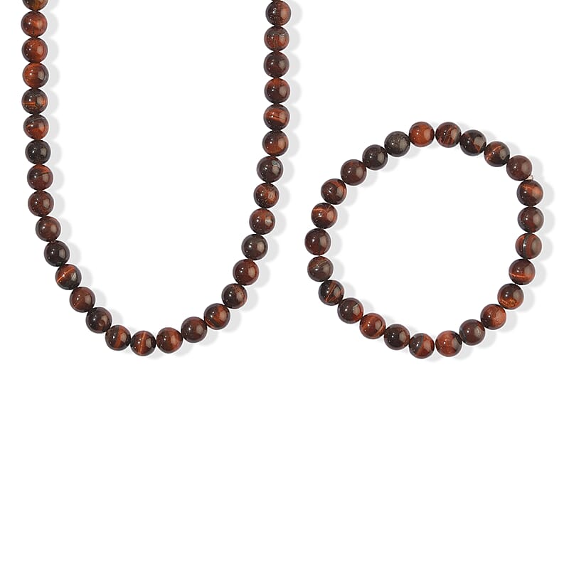 EverTrue Red Tiger Eye 330.00 ctw Stone Bracelet (Adjustabel) and Necklace 20 Inches in Stainless Steel
