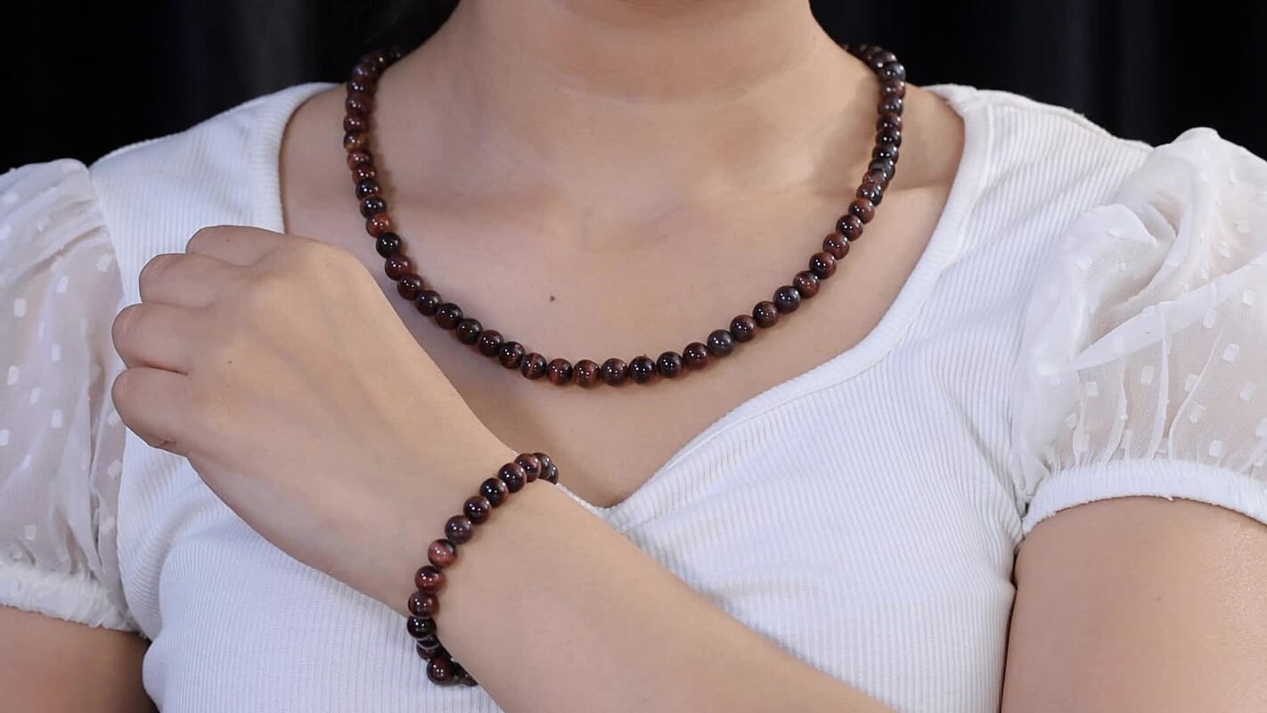 EverTrue Red Tiger Eye Stone Bracelet (Adjustabel) and Necklace (20 Inches) in Stainless Steel 330.00 ctw 4423469