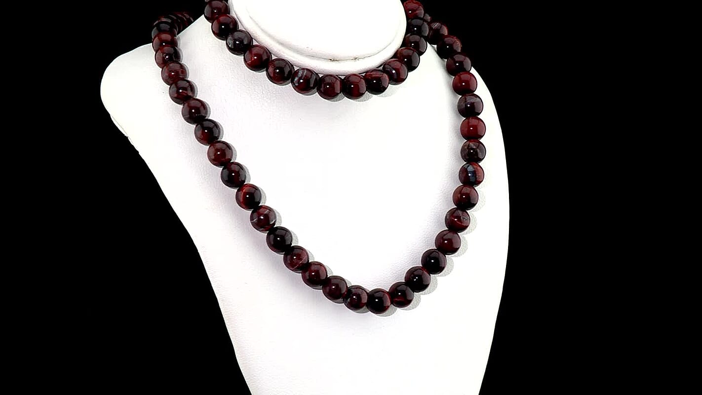 EverTrue Red Tiger Eye Stone Bracelet (Adjustabel) and Necklace (20 Inches) in Stainless Steel 330.00 ctw 4423469