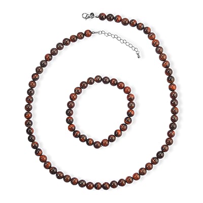 EverTrue Red Tiger Eye 330.00 ctw Beaded Stretch Bracelet and Necklace (20 Inches) in Stainless Steel