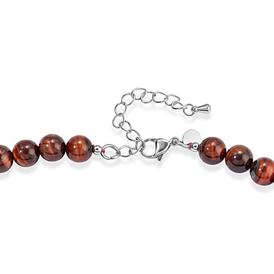 EverTrue Red Tiger Eye 330.00 ctw Beaded Stretch Bracelet and Necklace (20 Inches) in Stainless Steel