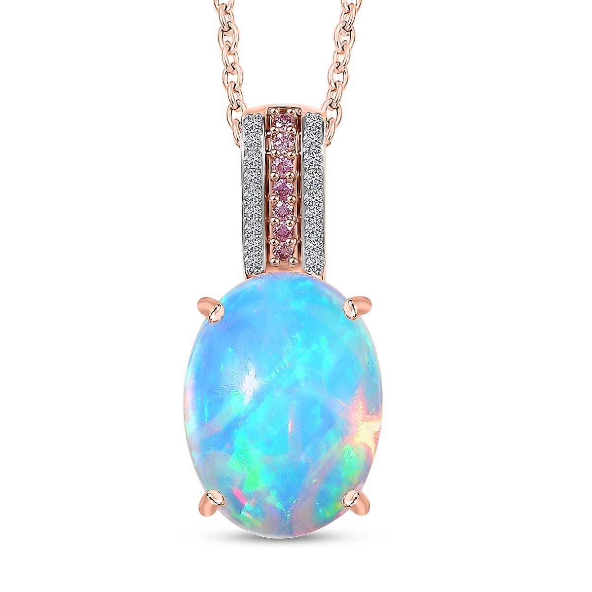 AAA Ethiopian Welo Opal, Luxuriant Lab Grown Pink and White Diamond VS 6.25 ctw Frozen Flame Pendant Necklace in 10K Rose Gold 20 Inches image number 0