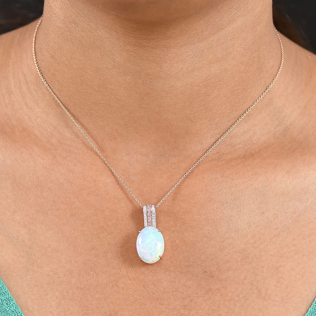 AAA Ethiopian Welo Opal, Luxuriant Lab Grown Pink and White Diamond VS 6.25 ctw Frozen Flame Pendant Necklace in 10K Rose Gold 20 Inches image number 2