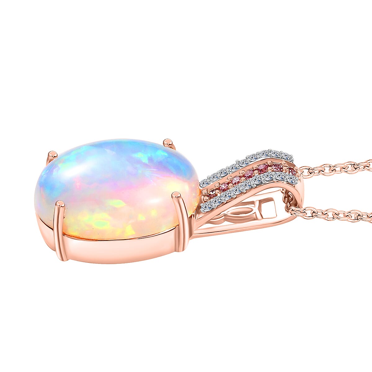 AAA Ethiopian Welo Opal, Luxuriant Lab Grown Pink and White Diamond VS 6.25 ctw Frozen Flame Pendant Necklace in 10K Rose Gold 20 Inches image number 3