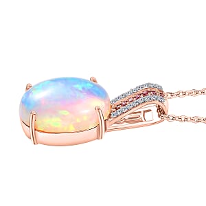 AAA Ethiopian Welo Opal, Luxuriant Lab Grown Pink and White Diamond VS 6.25 ctw Frozen Flame Pendant Necklace in 10K Rose Gold 20 Inches