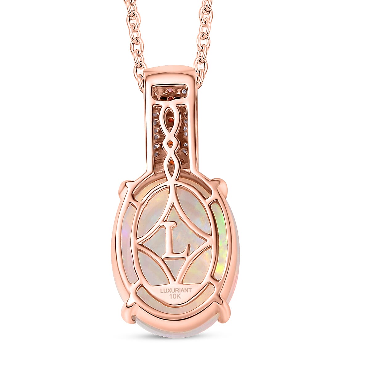 AAA Ethiopian Welo Opal, Luxuriant Lab Grown Pink and White Diamond VS 6.25 ctw Frozen Flame Pendant Necklace in 10K Rose Gold 20 Inches image number 4