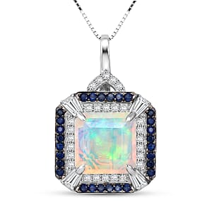 D'Joy Asscher Cut Premium Ethiopian Welo Opal and Multi Gemstone 3.60 ctw Geometric Radiance Pendant Necklace in Rhodium Over Sterling Silver 20 Inches
