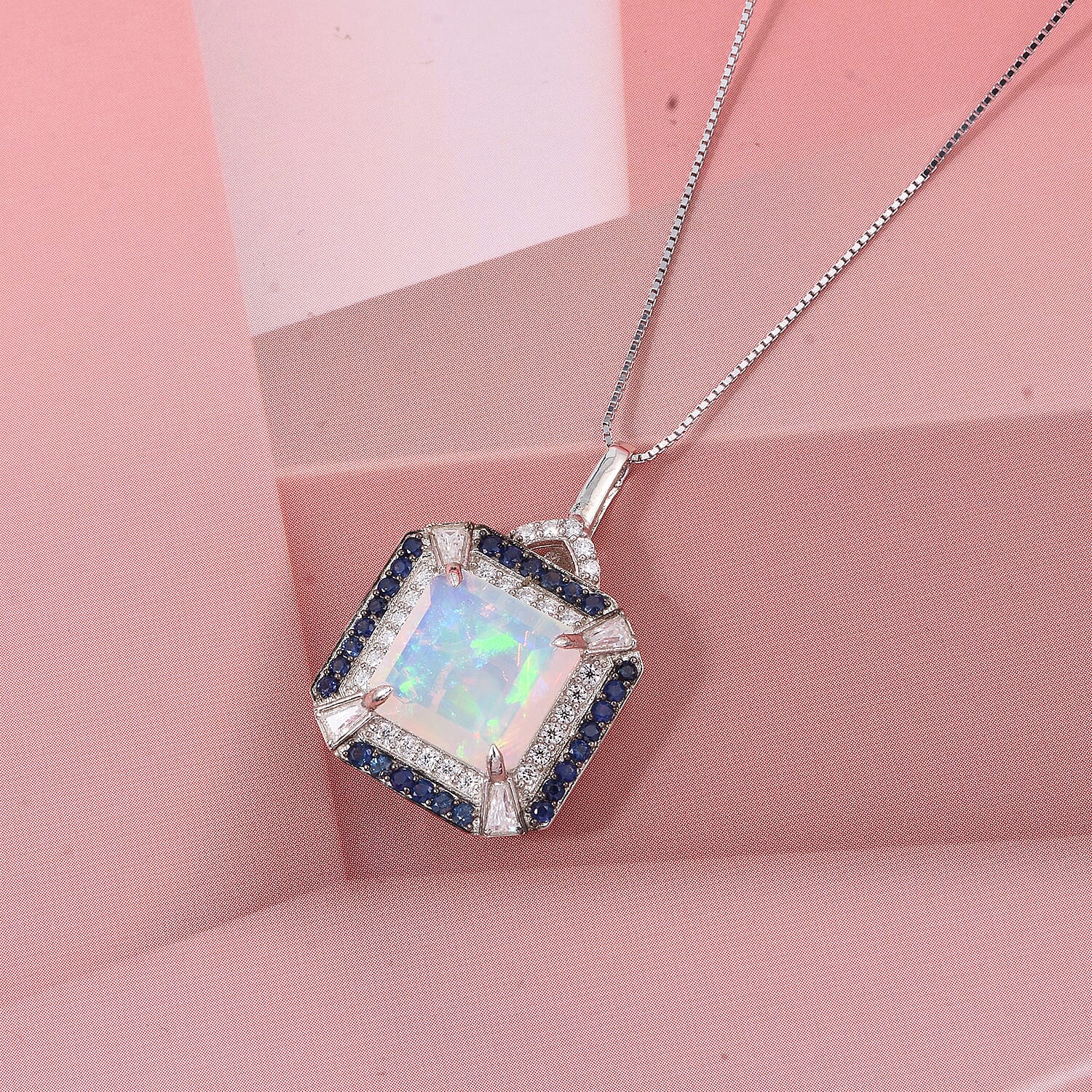 D'Joy Asscher Cut Premium Ethiopian Welo Opal and Multi Gemstone 3.60 ctw Geometric Radiance Pendant Necklace in Rhodium Over Sterling Silver 20 Inches