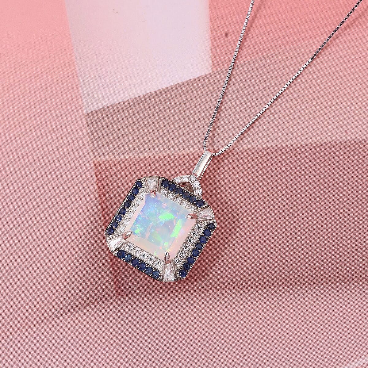 D'Joy Asscher Cut Premium Ethiopian Welo Opal and Multi Gemstone 3.60 ctw Geometric Radiance Pendant Necklace in Rhodium Over Sterling Silver 20 Inches image number 1