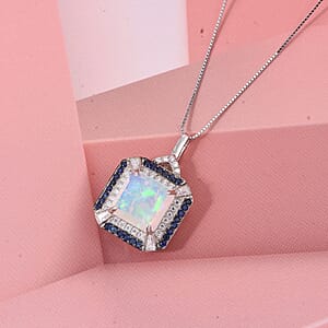 D'Joy Asscher Cut Premium Ethiopian Welo Opal and Multi Gemstone 3.60 ctw Geometric Radiance Pendant Necklace in Rhodium Over Sterling Silver 20 Inches