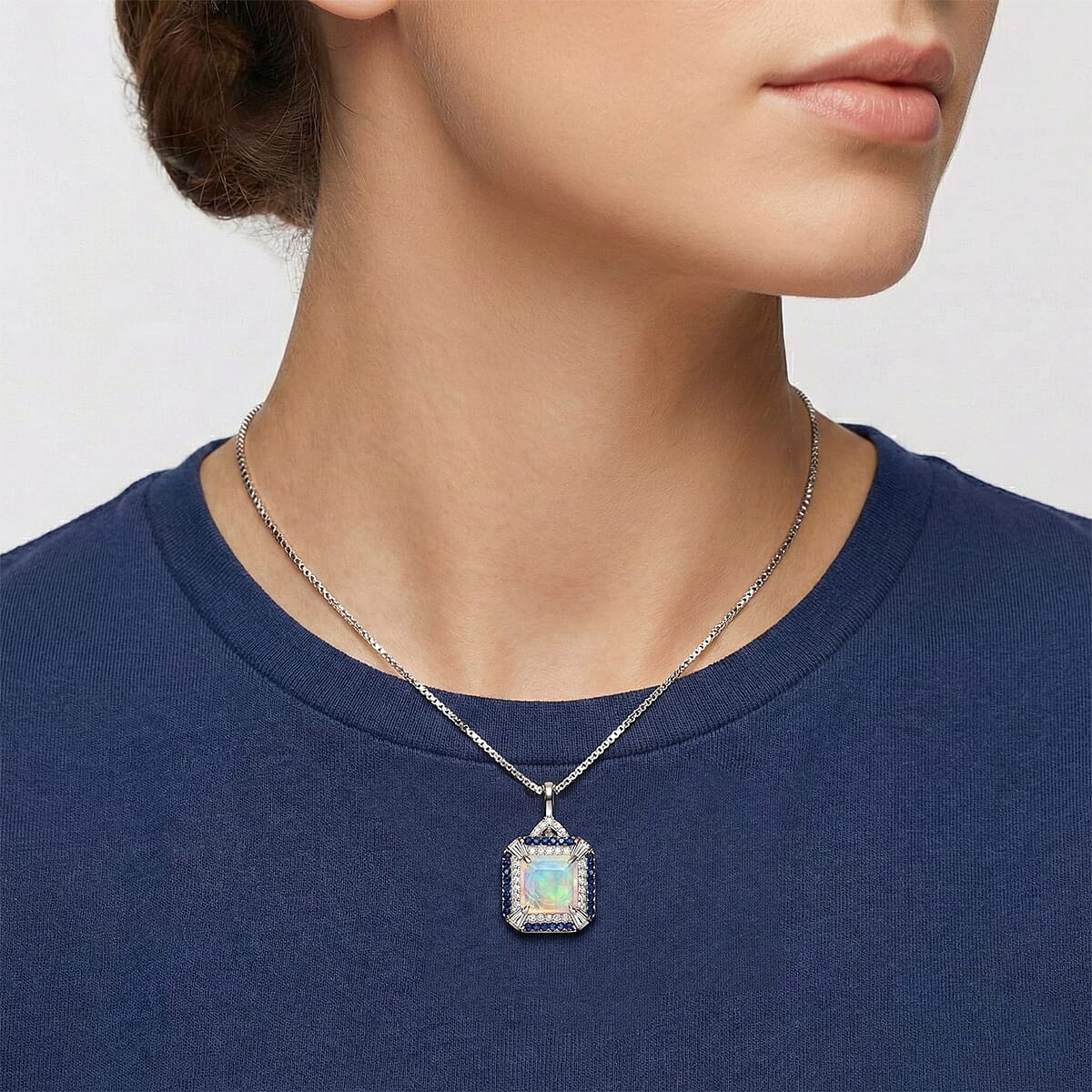 D'Joy Asscher Cut Premium Ethiopian Welo Opal and Multi Gemstone 3.60 ctw Geometric Radiance Pendant Necklace in Rhodium Over Sterling Silver 20 Inches image number 2