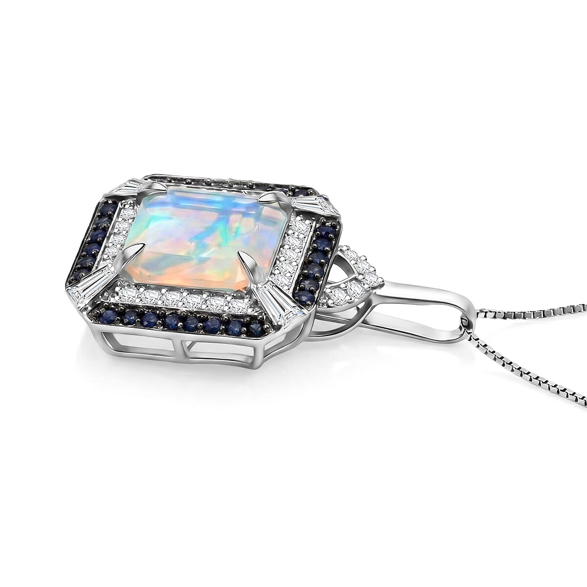 D'Joy Asscher Cut Premium Ethiopian Welo Opal and Multi Gemstone 3.60 ctw Geometric Radiance Pendant Necklace in Rhodium Over Sterling Silver 20 Inches
