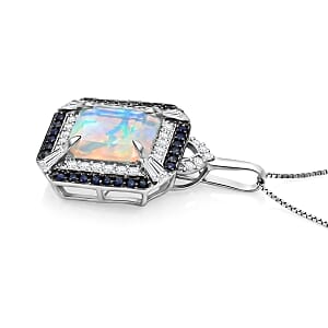 D'Joy Asscher Cut Premium Ethiopian Welo Opal and Multi Gemstone 3.60 ctw Geometric Radiance Pendant Necklace in Rhodium Over Sterling Silver 20 Inches