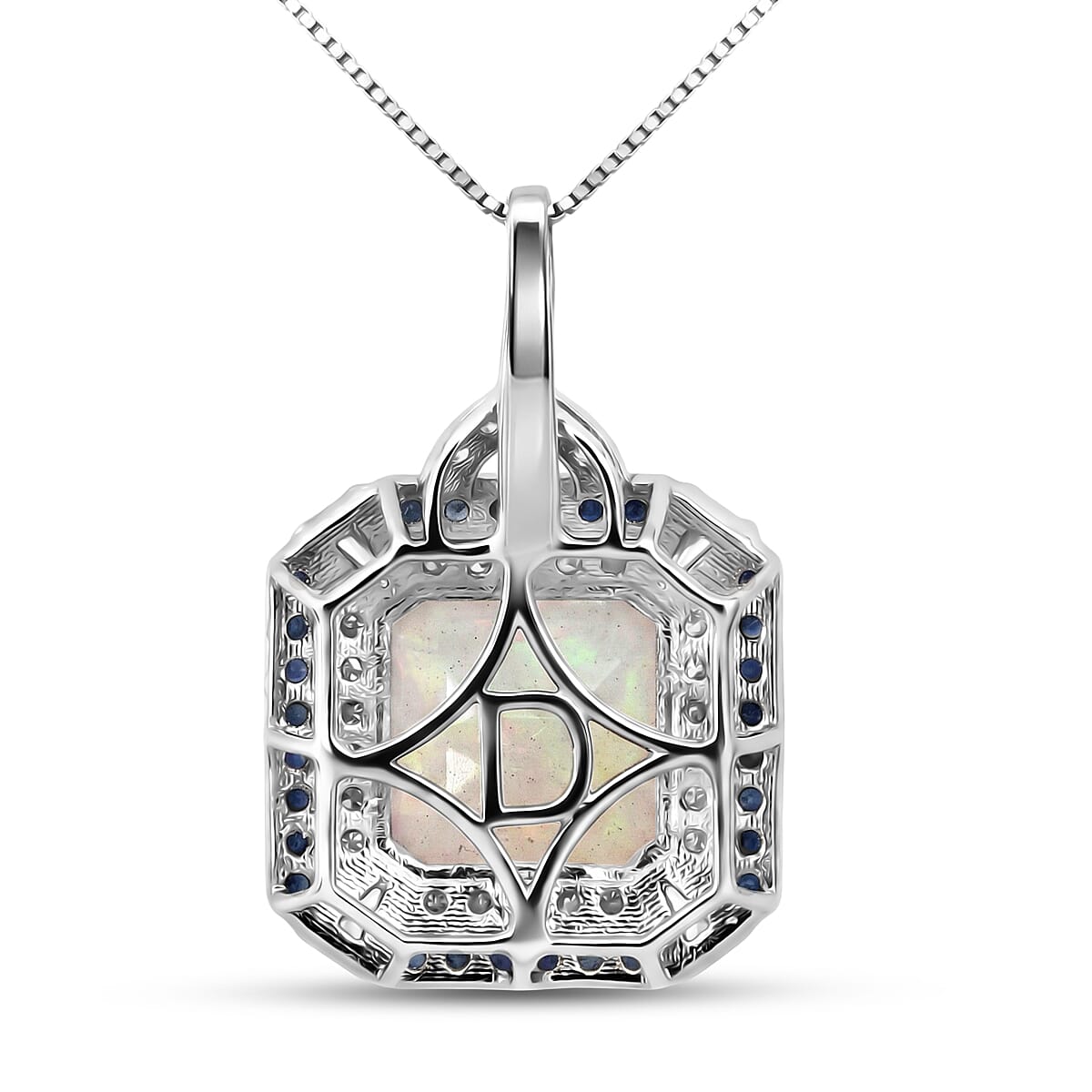 D'Joy Asscher Cut Premium Ethiopian Welo Opal and Multi Gemstone 3.60 ctw Geometric Radiance Pendant Necklace in Rhodium Over Sterling Silver 20 Inches