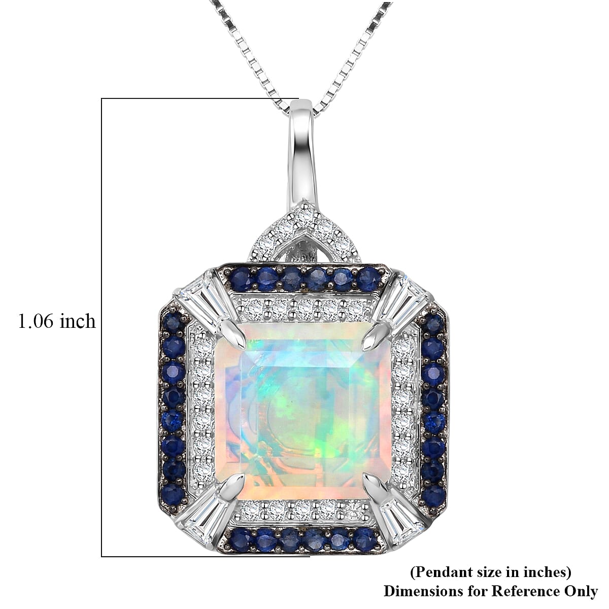 D'Joy Asscher Cut Premium Ethiopian Welo Opal and Multi Gemstone 3.60 ctw Geometric Radiance Pendant Necklace in Rhodium Over Sterling Silver 20 Inches
