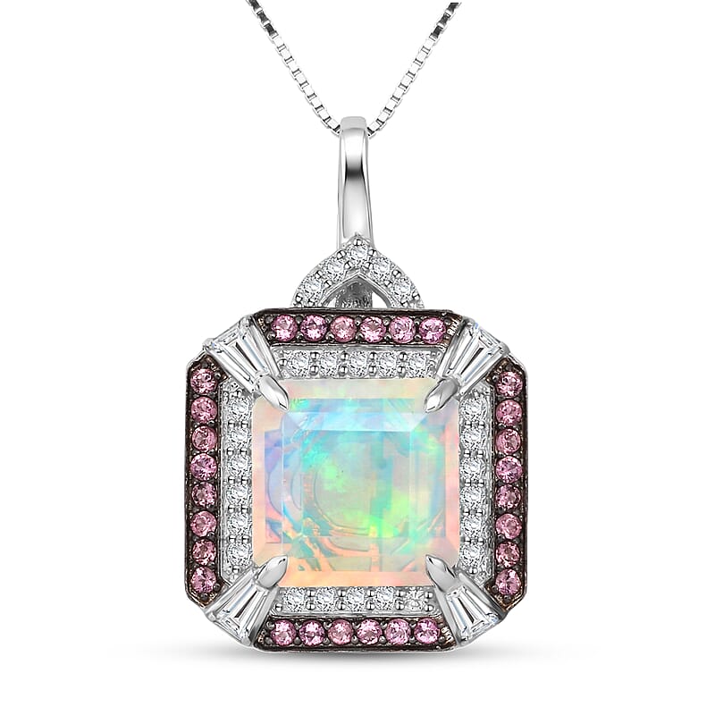 D'Joy Asscher Cut Premium Ethiopian Welo Opal and Multi Gemstone 3.60 ctw Geometric Radiance Pendant Necklace in Rhodium Over Sterling Silver 20 Inches