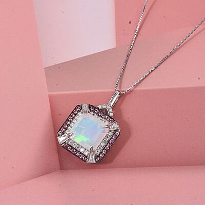 D'Joy Asscher Cut Premium Ethiopian Welo Opal and Multi Gemstone 3.60 ctw Geometric Radiance Pendant Necklace in Rhodium Over Sterling Silver 20 Inches