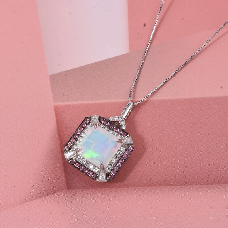 D'Joy Asscher Cut Premium Ethiopian Welo Opal and Multi Gemstone 3.60 ctw Geometric Radiance Pendant Necklace in Rhodium Over Sterling Silver 20 Inches