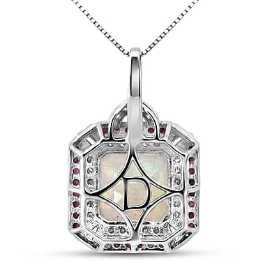 D'Joy Asscher Cut Premium Ethiopian Welo Opal and Multi Gemstone 3.60 ctw Geometric Radiance Pendant Necklace in Rhodium Over Sterling Silver 20 Inches