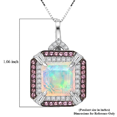 D'Joy Asscher Cut Premium Ethiopian Welo Opal and Multi Gemstone 3.60 ctw Geometric Radiance Pendant Necklace in Rhodium Over Sterling Silver 20 Inches