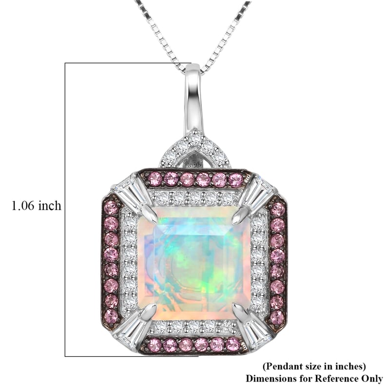 D'Joy Asscher Cut Premium Ethiopian Welo Opal and Multi Gemstone 3.60 ctw Geometric Radiance Pendant Necklace in Rhodium Over Sterling Silver 20 Inches
