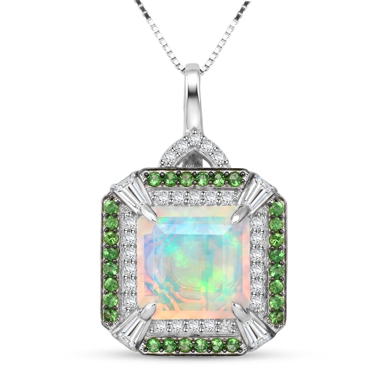 D'Joy Asscher Cut Premium Ethiopian Welo Opal and Multi Gemstone 3.60 ctw Geometric Radiance Pendant Necklace in Rhodium Over Sterling Silver 20 Inches