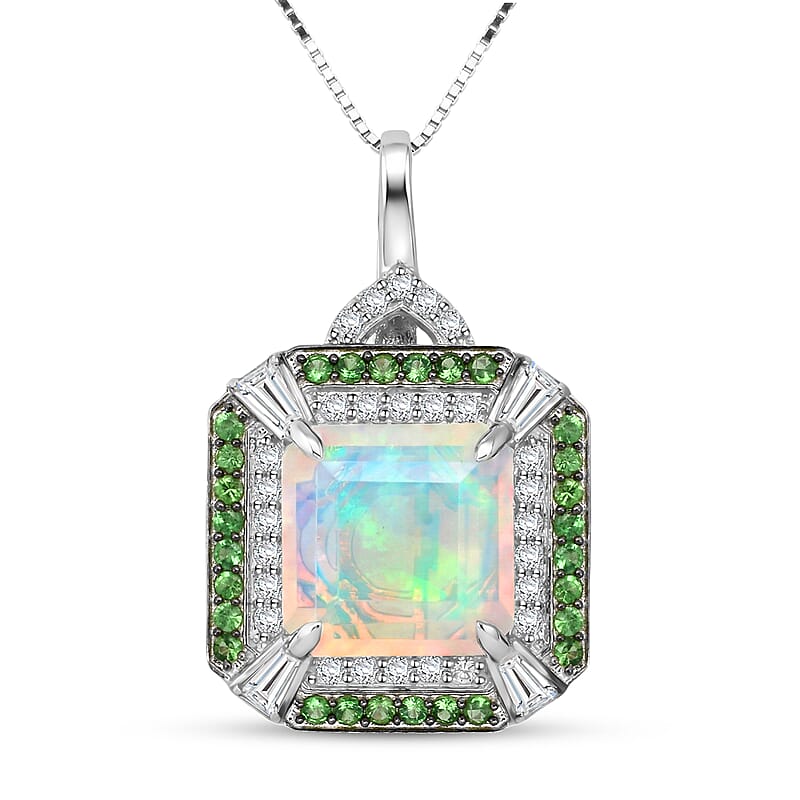 D'Joy Asscher Cut Premium Ethiopian Welo Opal and Multi Gemstone 3.60 ctw Geometric Radiance Pendant Necklace in Rhodium Over Sterling Silver 20 Inches