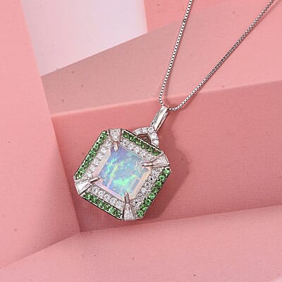 D'Joy Asscher Cut Premium Ethiopian Welo Opal and Multi Gemstone 3.60 ctw Geometric Radiance Pendant Necklace in Rhodium Over Sterling Silver 20 Inches