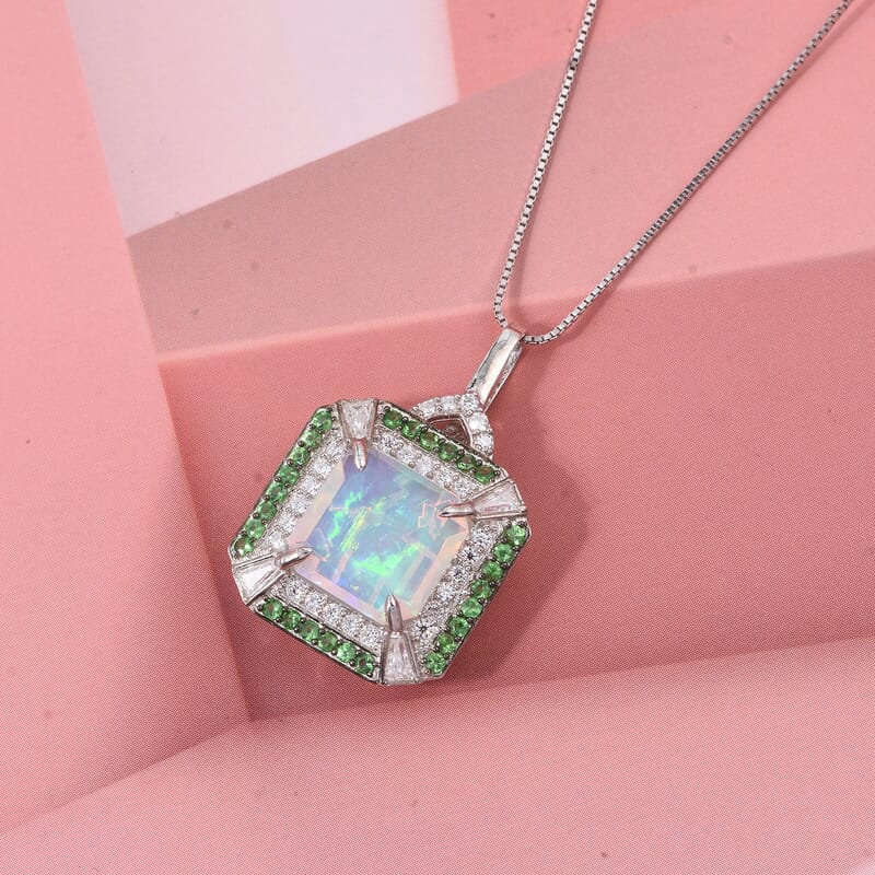 D'Joy Asscher Cut Premium Ethiopian Welo Opal and Multi Gemstone 3.60 ctw Geometric Radiance Pendant Necklace in Rhodium Over Sterling Silver 20 Inches