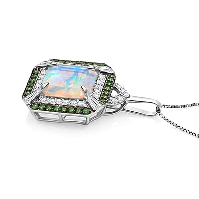 D'Joy Asscher Cut Premium Ethiopian Welo Opal and Multi Gemstone 3.60 ctw Geometric Radiance Pendant Necklace in Rhodium Over Sterling Silver 20 Inches