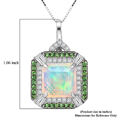 D'Joy Asscher Cut Premium Ethiopian Welo Opal and Multi Gemstone 3.60 ctw Geometric Radiance Pendant Necklace in Rhodium Over Sterling Silver 20 Inches