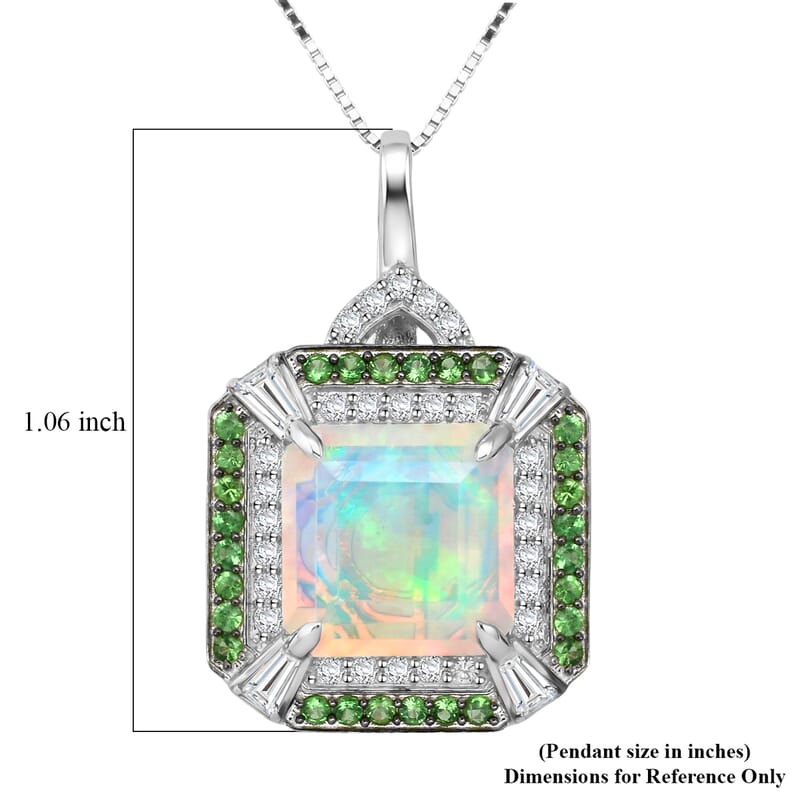 D'Joy Asscher Cut Premium Ethiopian Welo Opal and Multi Gemstone 3.60 ctw Geometric Radiance Pendant Necklace in Rhodium Over Sterling Silver 20 Inches