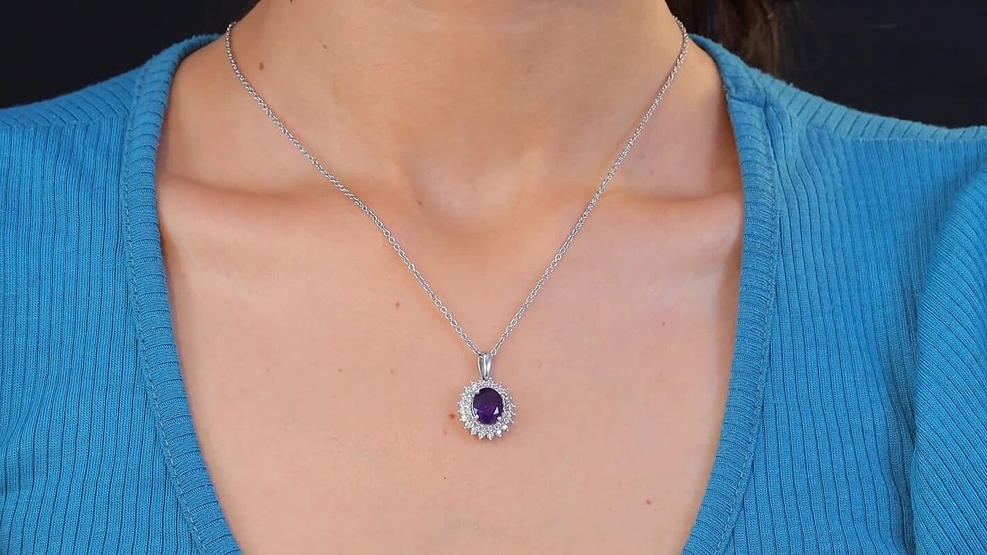 D'Joy African Amethyst and White Zircon 3.45 ctw Pendant Necklace in Platinum Over Sterling Silver 20 Inches